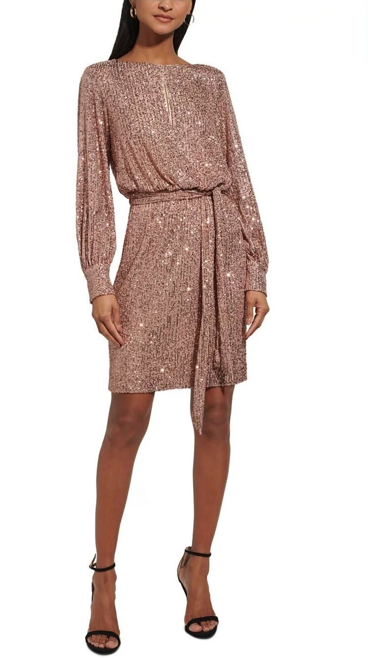 Eliza J Gold Cocktail Dress Sequined Long Sleeved Cut Out Mini Sheath Size 6